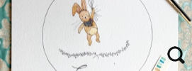 Aquarell und Tuschzeichnung Babynamen Kinderzimmer Fliegender Hase mit Luftballon