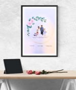 Aquarellbild Hochzeitsbild Familie mit Schriftzug und goldener Umrahmung mit Blütenkranz