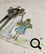 Detailansicht Aquarellbild Hochzeitsbild Familie mit Schriftzug als Umrahmung