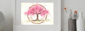 Aquarellbild japanische Kirschblüte ganzer Baum