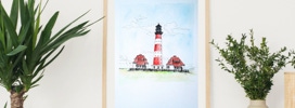 Aquarellbild mit Federzeichnung Leuchtturm Westerheverstrand